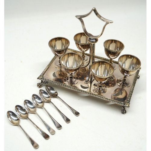 186 - James Deakin & Sons, silver plated six-egg cruet, L22.5cm