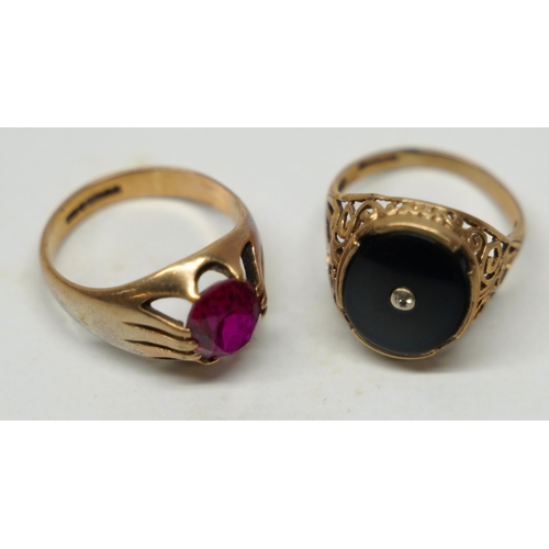 467 - 9ct yellow gold signet ring set with large pink stone, size O, and a 9ct yellow gold signet ring set... 