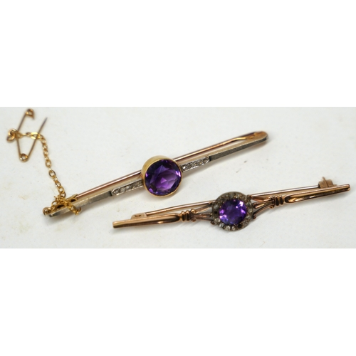 475 - Two antique yellow metal bar brooches set with amethysts and diamonds, both unmarked, 6.65g