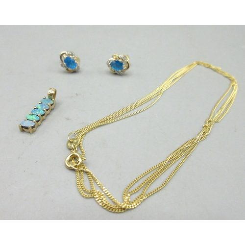 485 - Pair a 9ct yellow gold stud earrings set with blue stone and diamonds, stamped 375, 9ct gold pendant... 