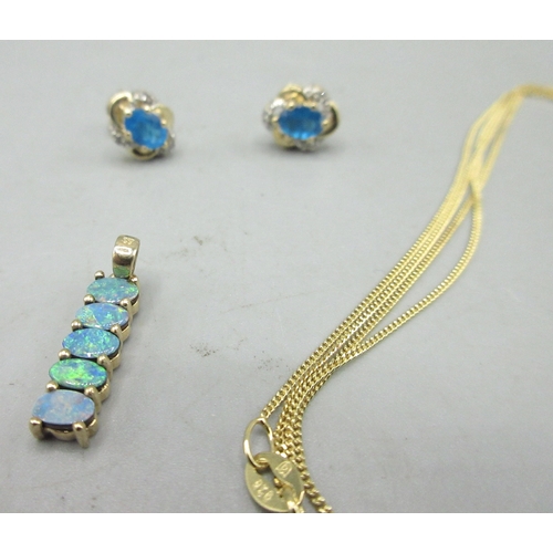 485 - Pair a 9ct yellow gold stud earrings set with blue stone and diamonds, stamped 375, 9ct gold pendant... 