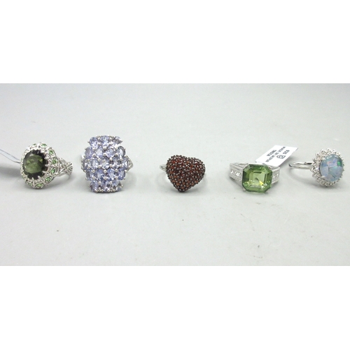 493 - Gemporia silver ring set with large tanzanite cluster, size P, and four other Gemporia silver rings ... 