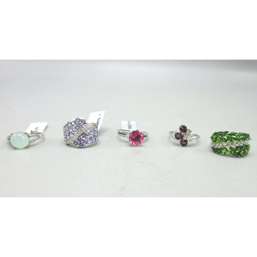 494 - Gemporia silver ring set with large tanzanite clusters separated by clear stones, size N, and four o... 