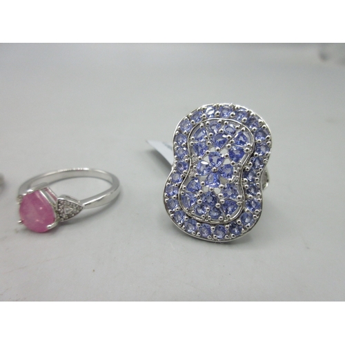 496 - Gemporia silver ring set with large tanzanite cluster, size N1/2, and four other Gemporia silver rin... 