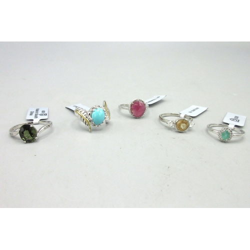 497 - Gemporia silver ring set with large ruby, size U, and four other Gemporia silver rings set with vari... 