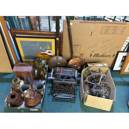 646 - Underwood typewriter and a collection of metalware, incl. bed warmers, oil lamps, etc. (6 boxes)