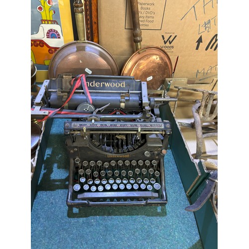 646 - Underwood typewriter and a collection of metalware, incl. bed warmers, oil lamps, etc. (6 boxes)