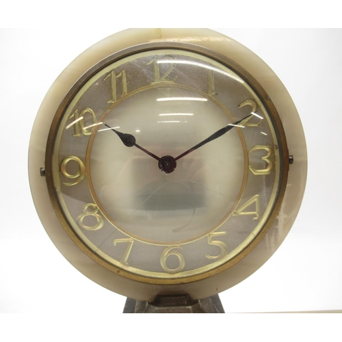 765 - French Art Deco period marble mantle timepiece, central clock with applied gold coloured skeletonise... 