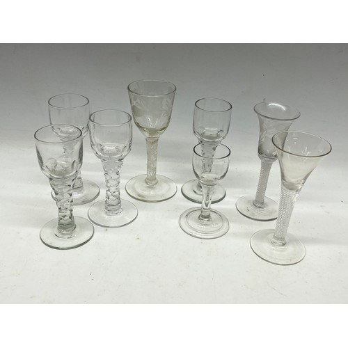 1201 - Collection of 18th century and later drinking glasses, incl. a set of four facet cut wine glasses, w... 