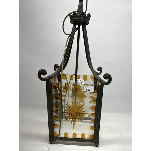 633 - Victorian converted lantern light, with stained glass panels, H56cm