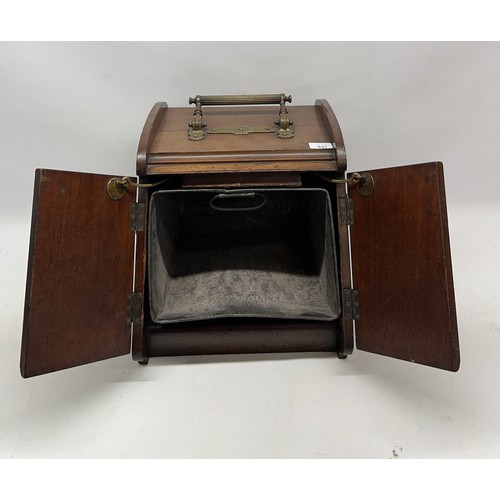 631 - Edwardian inlaid mahogany slope front coal box, brass swing handle opening two inlaid doors, with ti... 