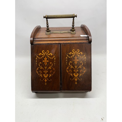 631 - Edwardian inlaid mahogany slope front coal box, brass swing handle opening two inlaid doors, with ti... 