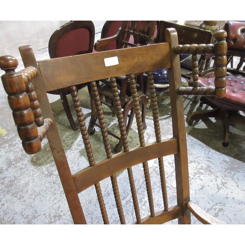 602 - Victorian ash and elm bobbin back rush seat rocking chair,