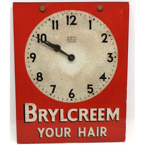 166 - Vintage glass Brylcreem advertising clock, converted to quartz, A/F, 28cm x 36cm