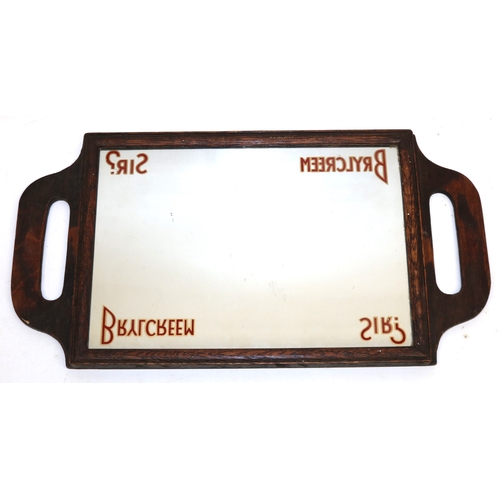 167 - Vintage Brylcreem oak framed advertising mirror with reverse printed slogan 'Brylcreem Sir?', 38x19.... 