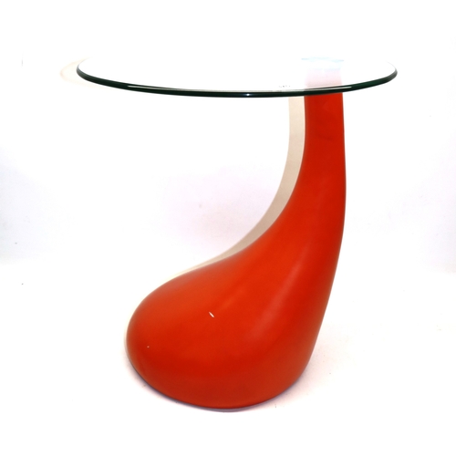 375 - Retro orange teardrop base circular glass topped side table, H54cm