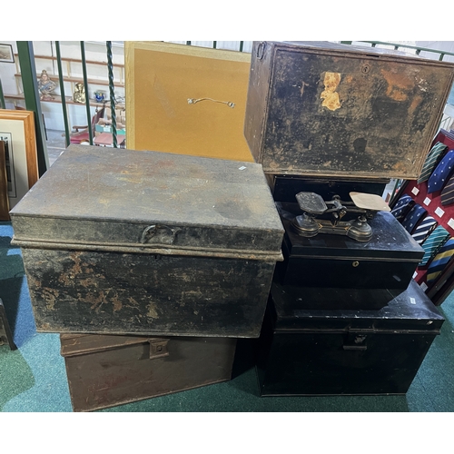 647 - Collection of deed boxes and a set of postal scales, max. W56cm (10)