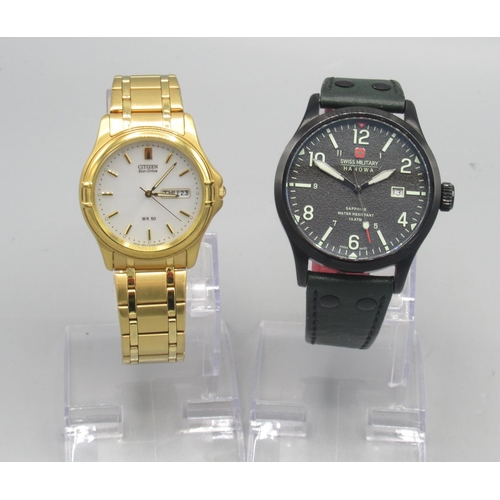 159A - Citizen Eco-Drive gold plated wristwatch with day date on matching bracelet, silver coloured dial wi... 