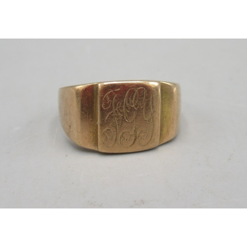 11A - Yellow metal ring with engraved initials to face, worn marking