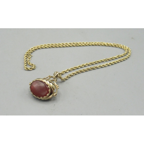 23A - 9ct yellow gold swivel fob set with polished bloodstone, onyx, and carnelian, on 9ct yellow gold rop... 