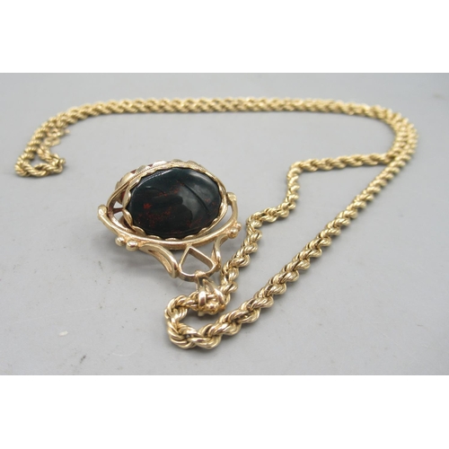 23A - 9ct yellow gold swivel fob set with polished bloodstone, onyx, and carnelian, on 9ct yellow gold rop... 