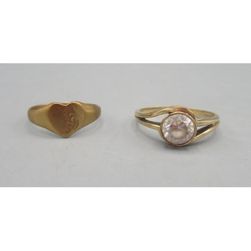 377 - 9ct yellow gold heart faced signet ring, size O, and a 9ct yellow gold ring set with clear stone, si... 