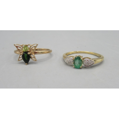 479 - 9ct yellow gold ring set with green stones in the form of a butterfly, stamped 9k, size U, and a 10c... 