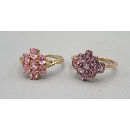 480 - 10ct rose gold ring set with purple stones, size P1/2, and a 10ct yellow gold ring set with pink sto... 