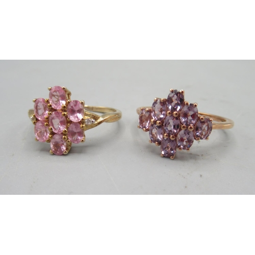 480 - 10ct rose gold ring set with purple stones, size P1/2, and a 10ct yellow gold ring set with pink sto... 