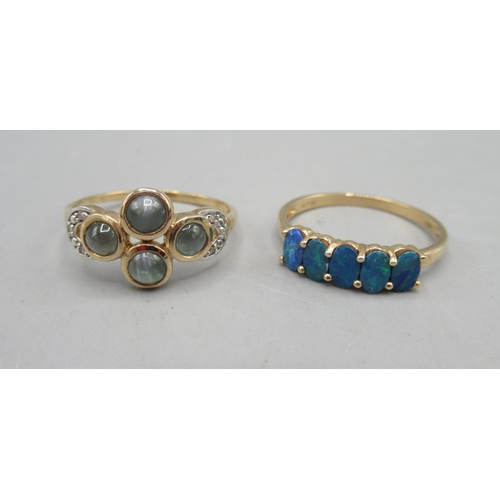 481 - 10ct  yellow gold ring set with five blue opals, size R1/2, and another 10ct yellow gold ring, set w... 