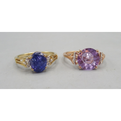 482 - 9ct yellow gold ring set with blue stone and diamonds, stamped 375, size R1/2, and a 10ct rose gold ... 