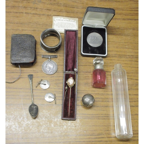 504 - Hallmarked silver including mounted red glass scent bottle with clear stopper, spoon and napkin ring... 