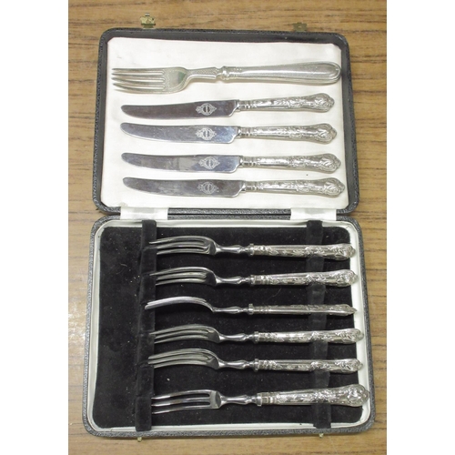 505 - Cased set of six ER 11 hallmarked silver handled forks and four knives, Sheffield 1969, and a Victor... 