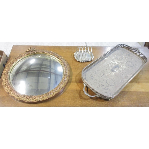 622 - Gilt framed circular convex wall mirror, an EPNS rectangular tray and a toast rack (3)