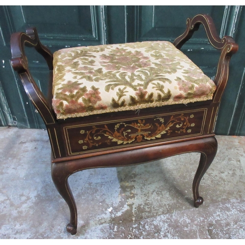 553 - Victorian bone and satinwood inlaid mahogany piano stool, upholstered seat on cabriole legs,W57cm D4... 