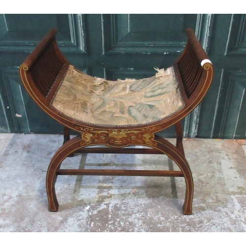 554 - Victorian bone and satinwood inlaid mahogany X framed stool, stamped A9074 and with Jas Shoolbred & ... 