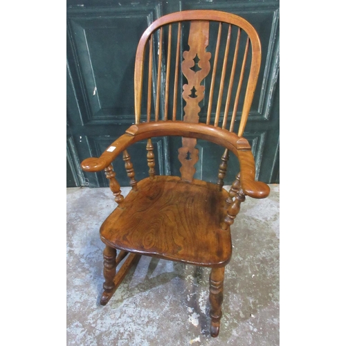 561 - Victorian ash and elm Yorkshire high back Windsor rocking chair, on turned supports