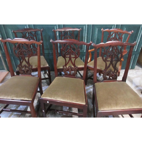 563 - Set of seven (6+1) Geo.111 style mahogany dining chairs, pierced splats and drop in seats on square ... 