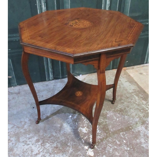 564 - Edwardian rosewood octagonal two tier occasional table, inlaid with boxwood leafage and stringing, o... 