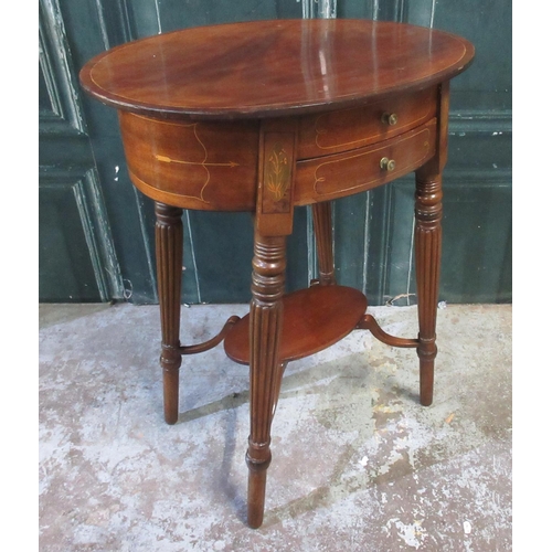 567 - Victorian inlaid mahogany oval occasional table with two drawers on lobed supports with undertier, W... 