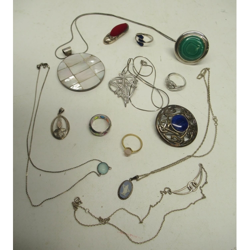 379 - Collection of silver jewellery including a Wedgwood cameo pendant necklace, a Celtic style brooch se... 