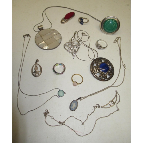 379 - Collection of silver jewellery including a Wedgwood cameo pendant necklace, a Celtic style brooch se... 