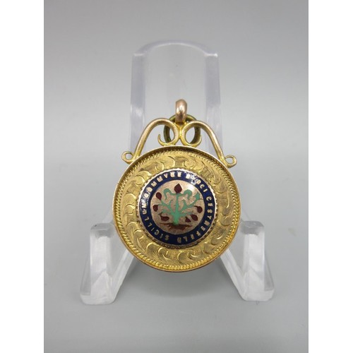 43 - 9ct yellow gold and enamel fob, with personalised engraving to reverse, stamped 375, 3.5g