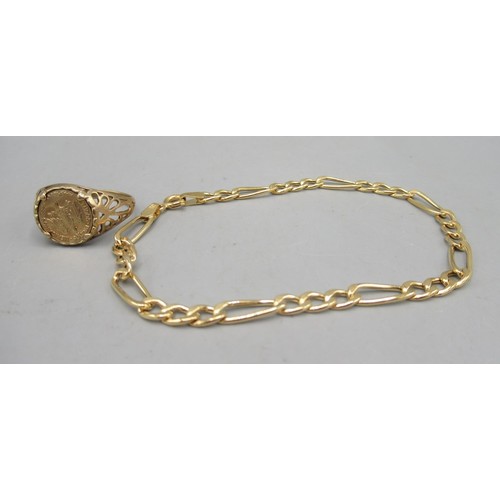 26A - 9ct yellow gold chain link bracelet, and a yellow gold coin faced ring, both stamped 375, 3.68g