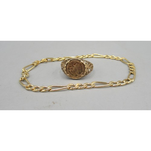 26A - 9ct yellow gold chain link bracelet, and a yellow gold coin faced ring, both stamped 375, 3.68g