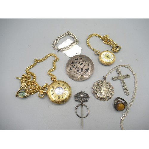 478 - Two yellow metal pocket watches with fob chains, a monogrammed buckle, a silver chain link bracelet ... 