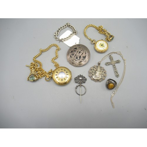 478 - Two yellow metal pocket watches with fob chains, a monogrammed buckle, a silver chain link bracelet ... 