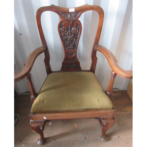 542 - Geo.111 style mahogany elbow chair, carved splat and drop-in seat on cabriole legs with stretchers