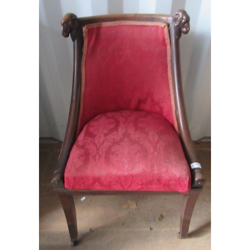 555 - Victorian Regency style side chair, curved back with ramshead carved cresting, sprung drop in seat o... 