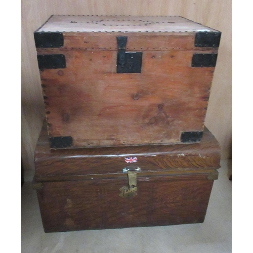 712 - Tin flat top trunk with stained and grained faux detail and an early C20th pine storage box with stu... 